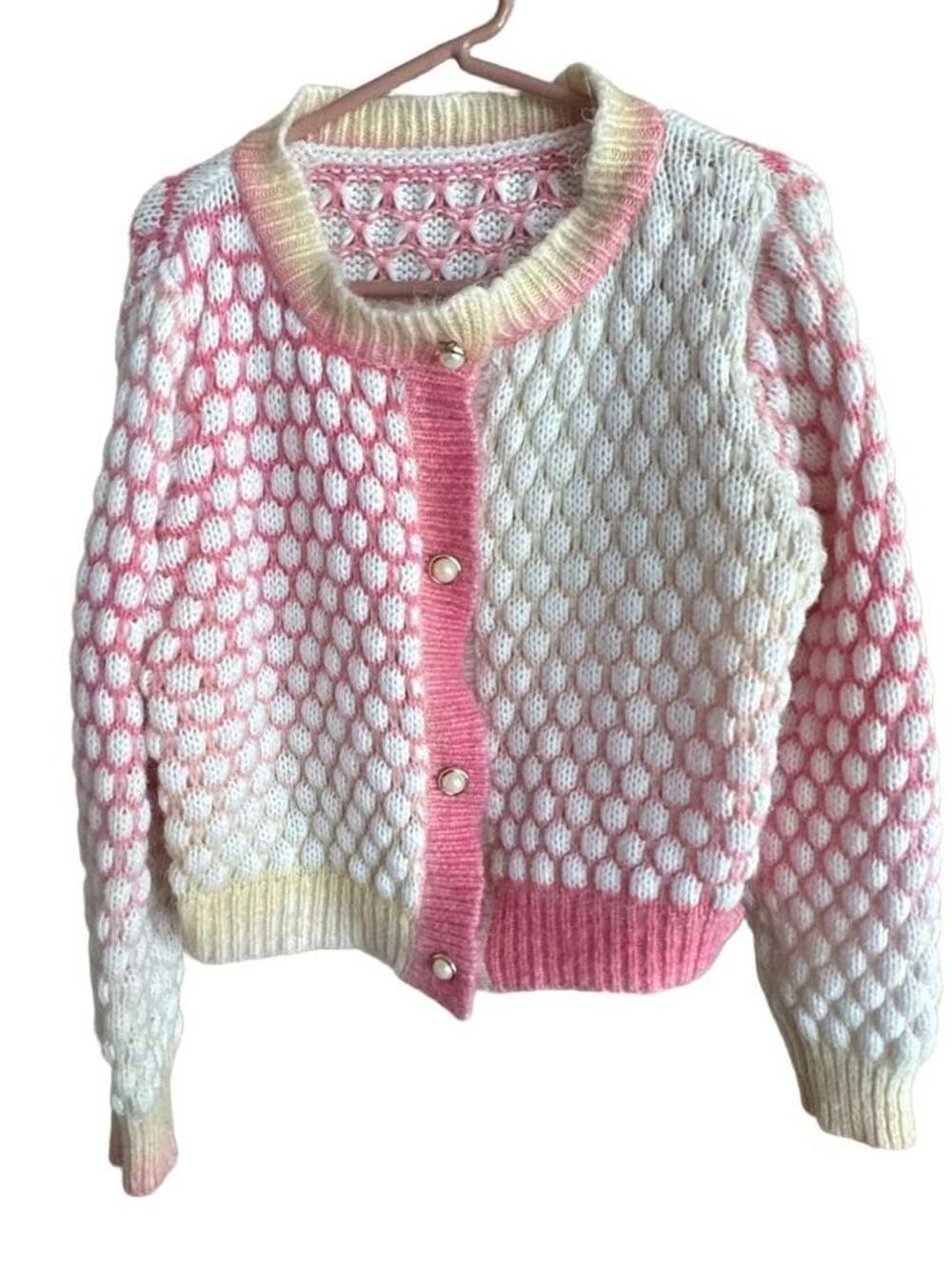 SHEIN Bubble Cardigan Size L Pink White Ombre Pearl Buttons